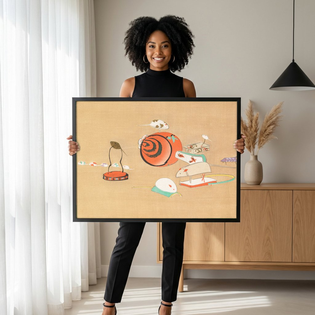 Quadro Decorativo Ratos Brincando - Kamisaka Sekka com modelo em ambiente