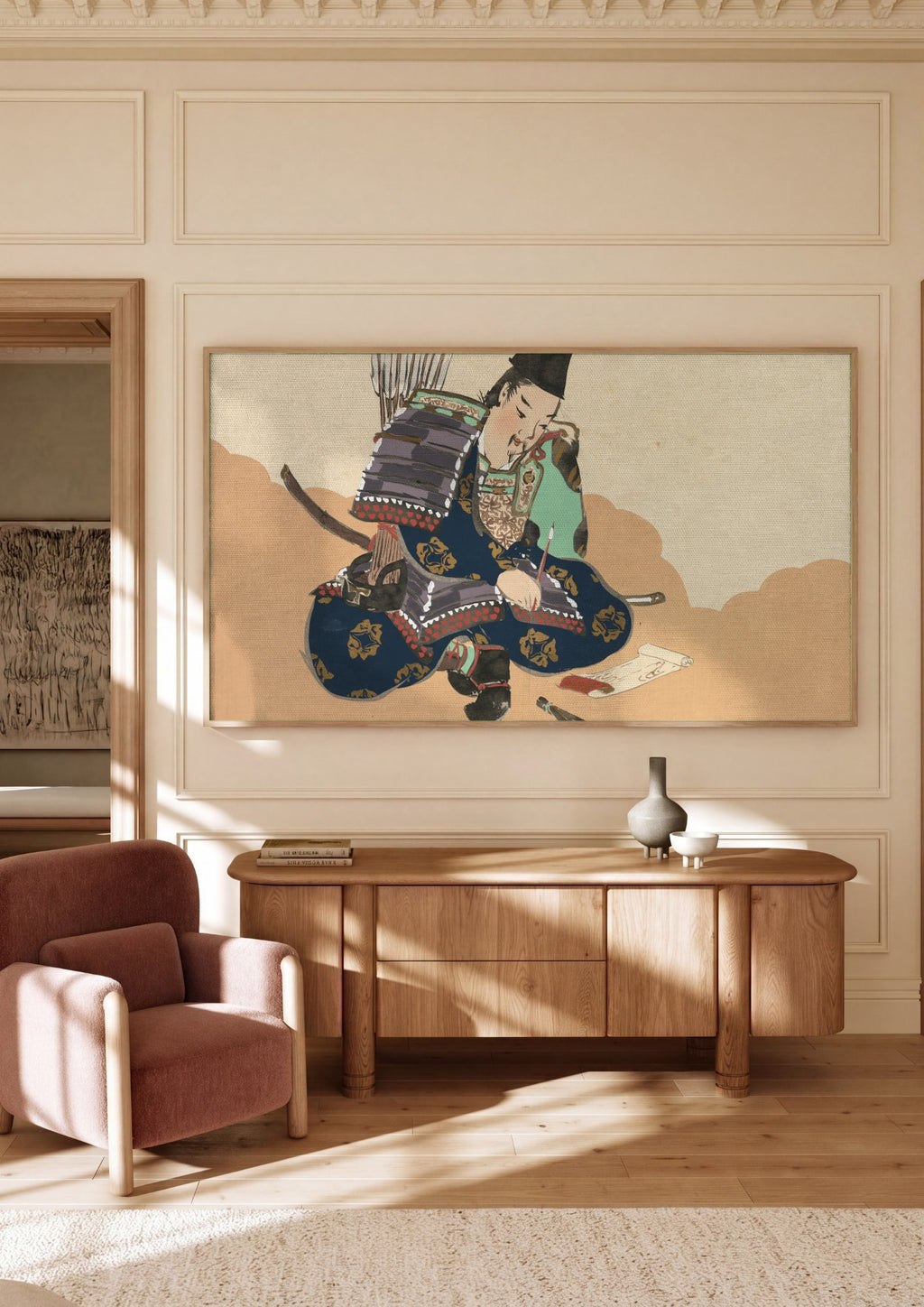 Quadro Decorativo Samurai Escriba - Kamisaka Sekka em ambiente decorado