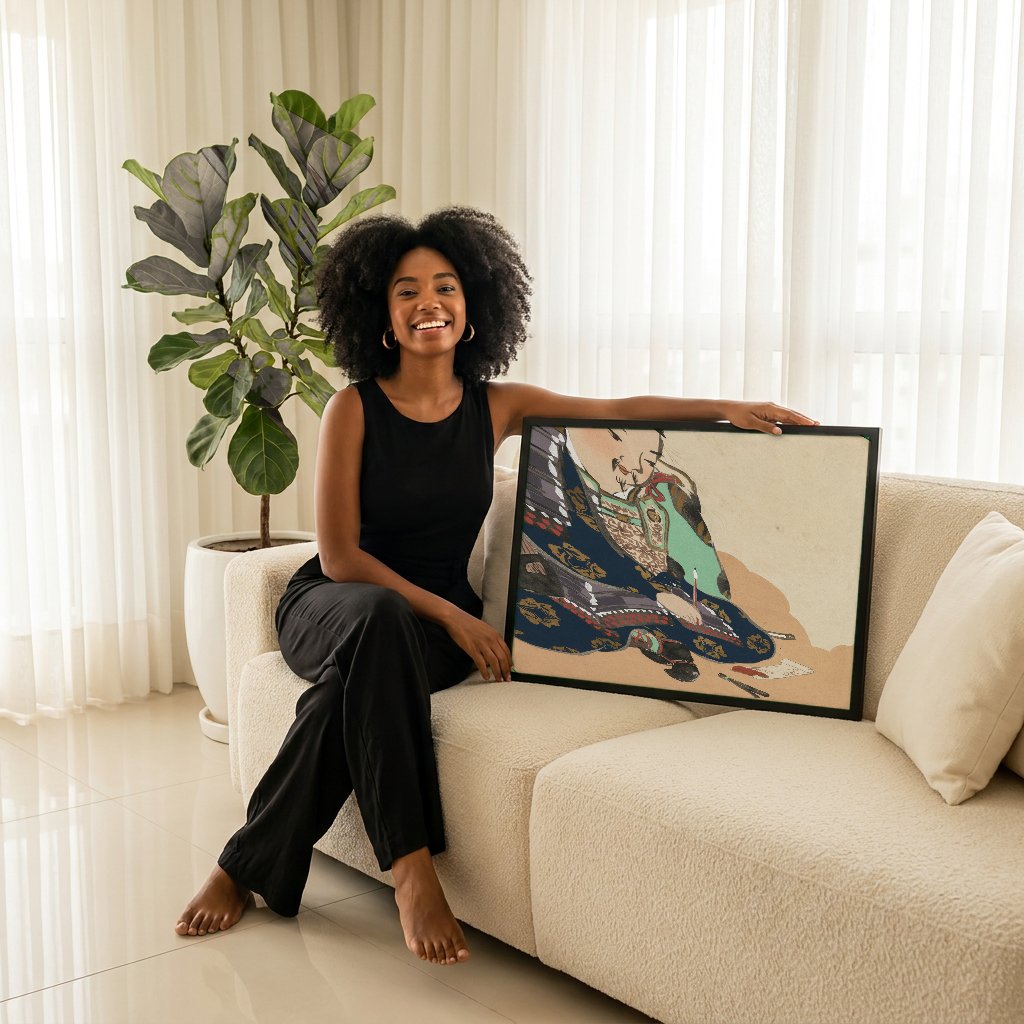 Quadro Decorativo Samurai Escriba - Kamisaka Sekka com modelo em ambiente