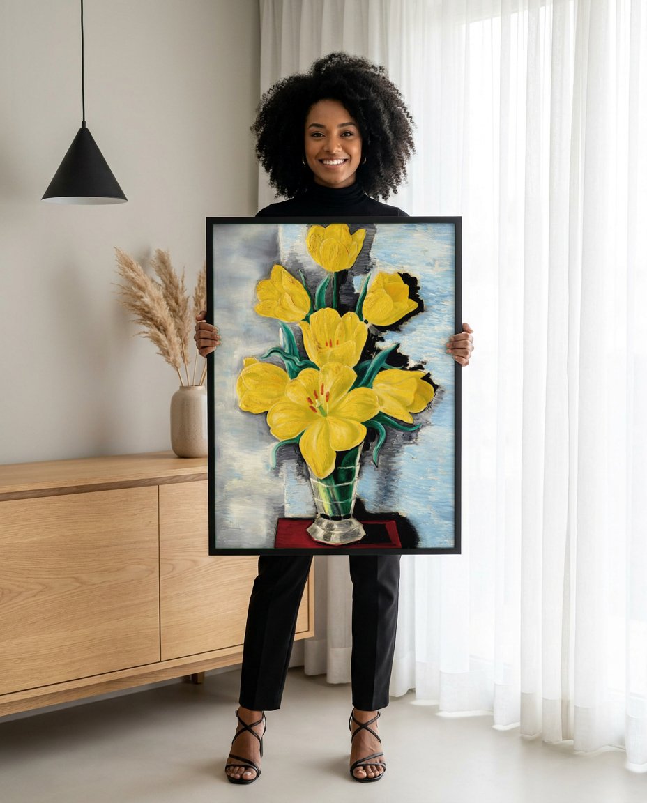 Quadro Decorativo Tulipas Amarelas - Moïse Kisling com modelo em ambiente
