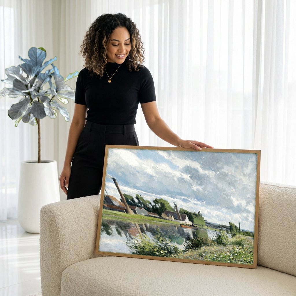 Quadro Decorativo A Fábrica de Pontoise - Camille Pissarro com modelo em ambiente