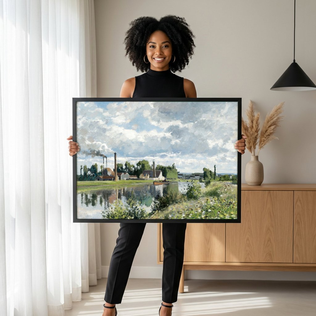 Quadro Decorativo A Fábrica de Pontoise - Camille Pissarro com modelo em ambiente
