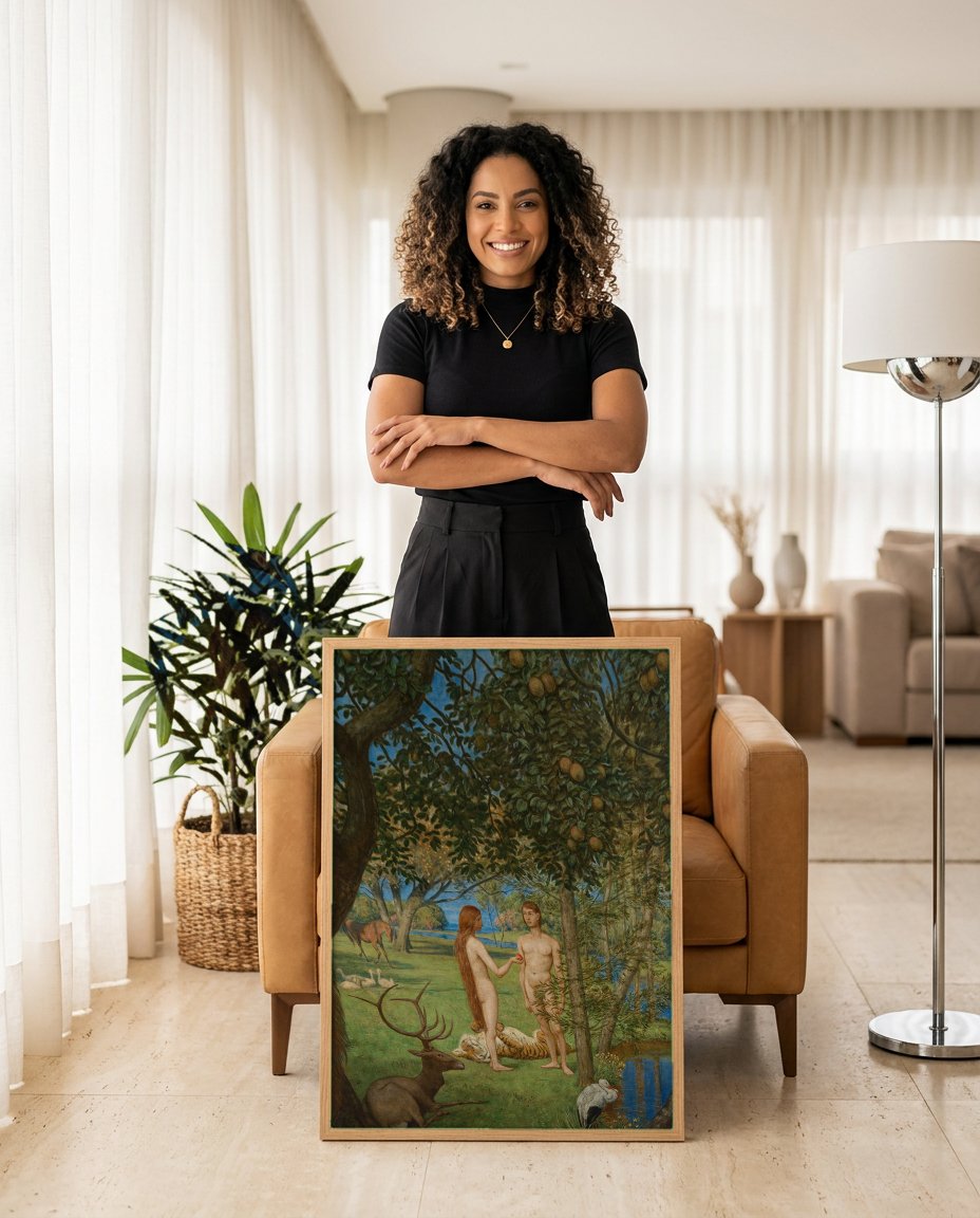 Quadro Decorativo Adão e Eva no Paraíso - Hans Thoma com modelo em ambiente