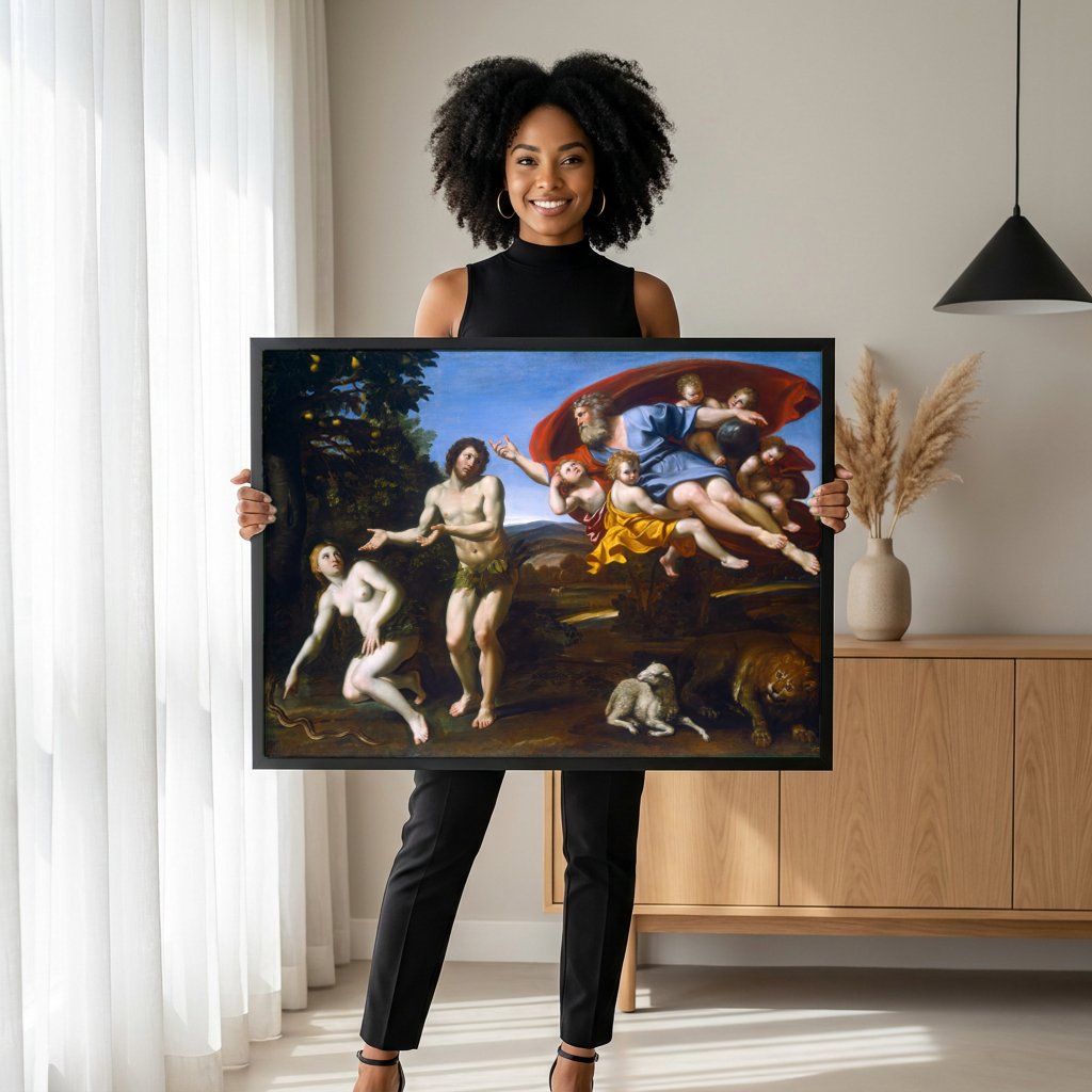 Quadro Decorativo A Expulsão do Paraíso - Domenichino com modelo em ambiente