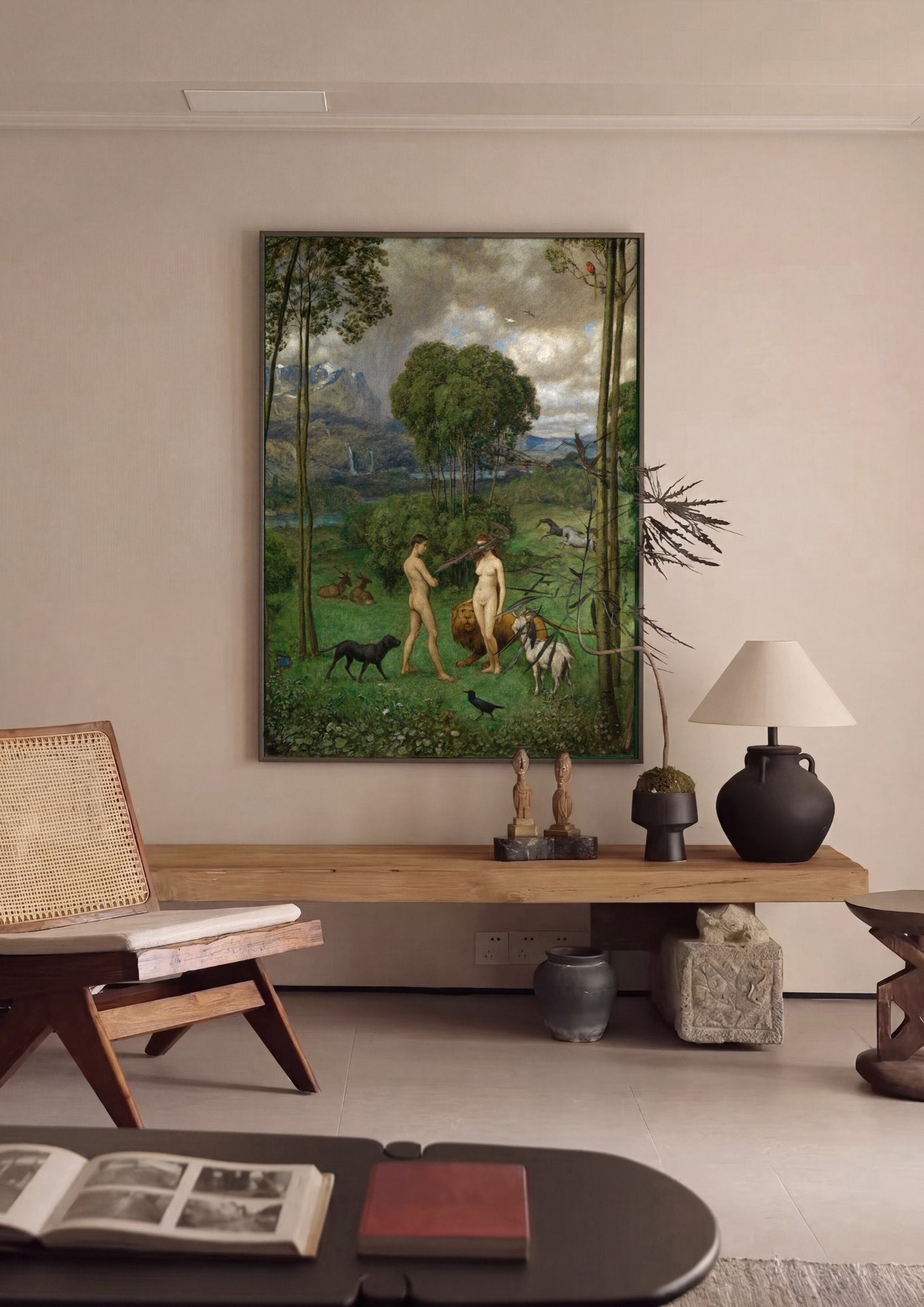 Quadro Decorativo Adão e Eva no Paraíso - Hans Thoma em ambiente decorado