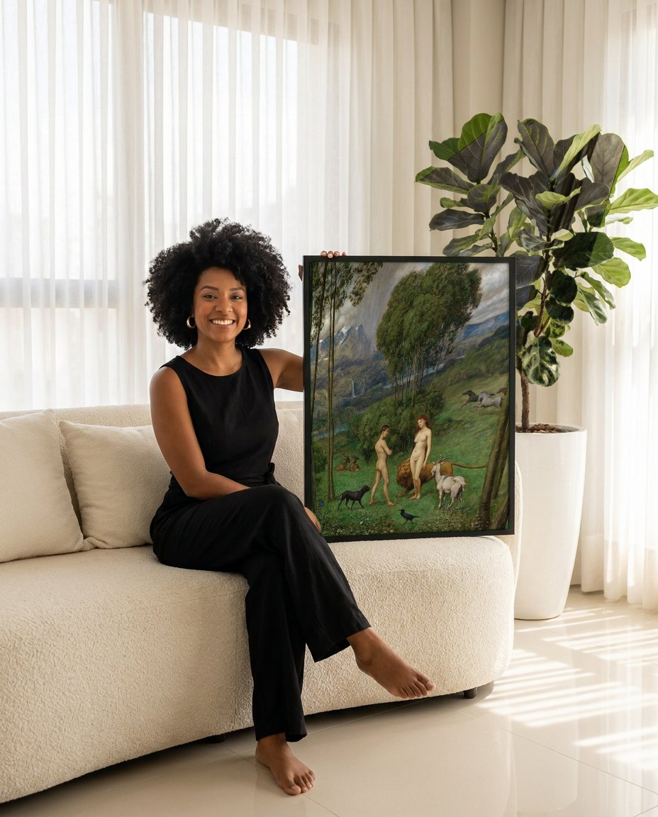 Quadro Decorativo Adão e Eva no Paraíso - Hans Thoma com modelo em ambiente