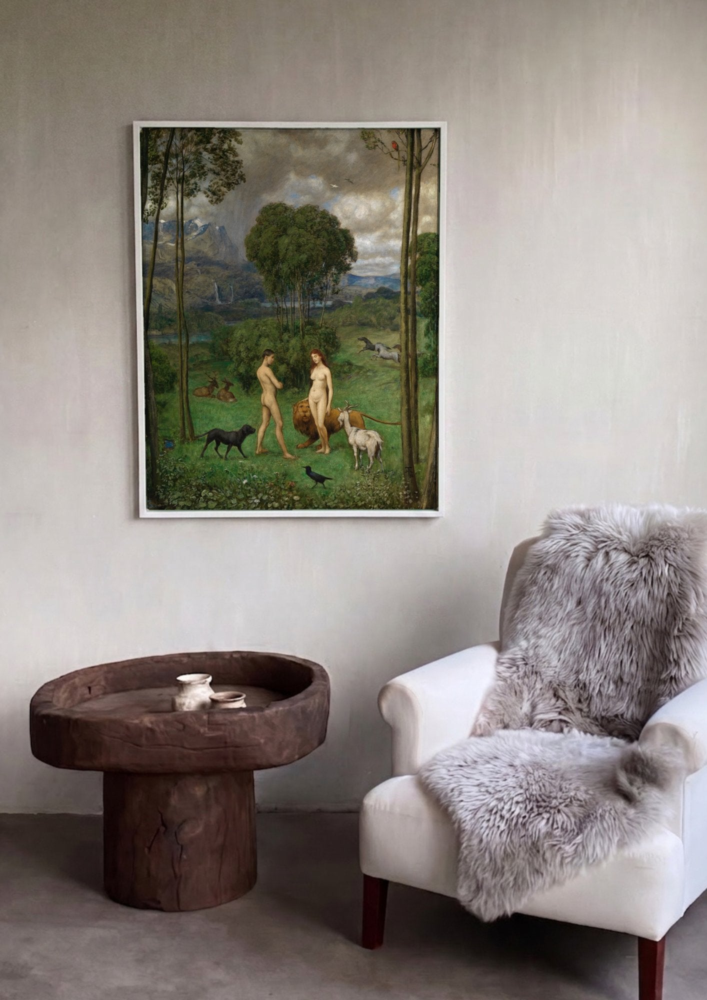 Quadro Decorativo Adão e Eva no Paraíso - Hans Thoma em ambiente decorado