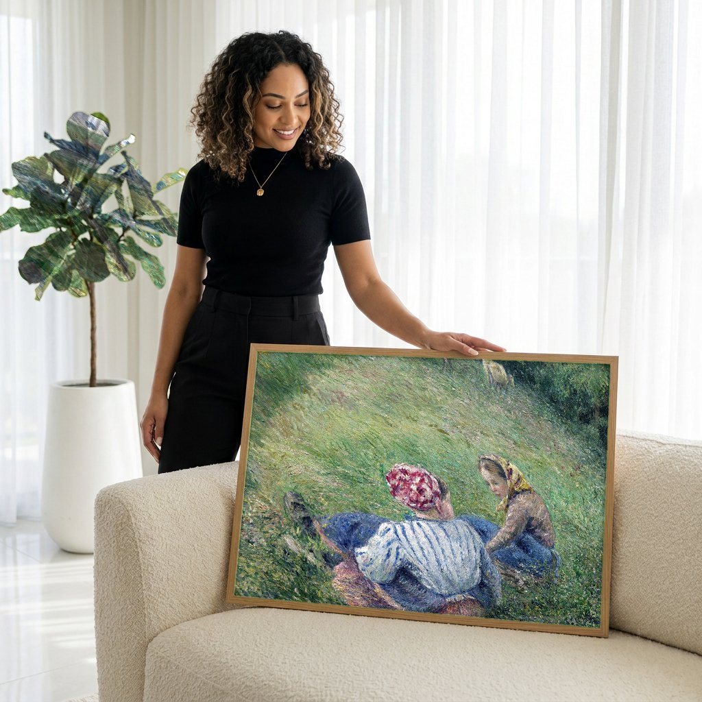 Quadro Decorativo Colheita no Campo - Pissarro com modelo em ambiente