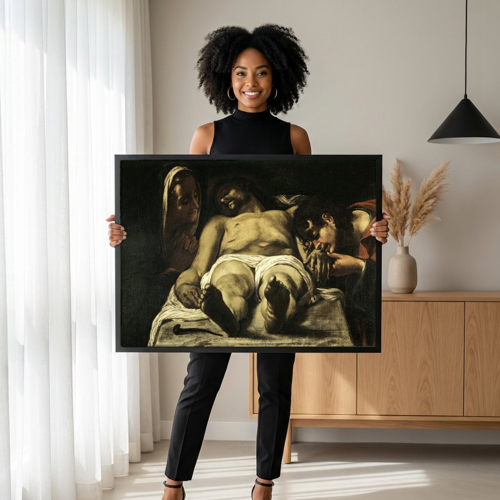 Quadro Decorativo Lamentação sobre Cristo Morto - Orazio Borgianni com modelo em ambiente