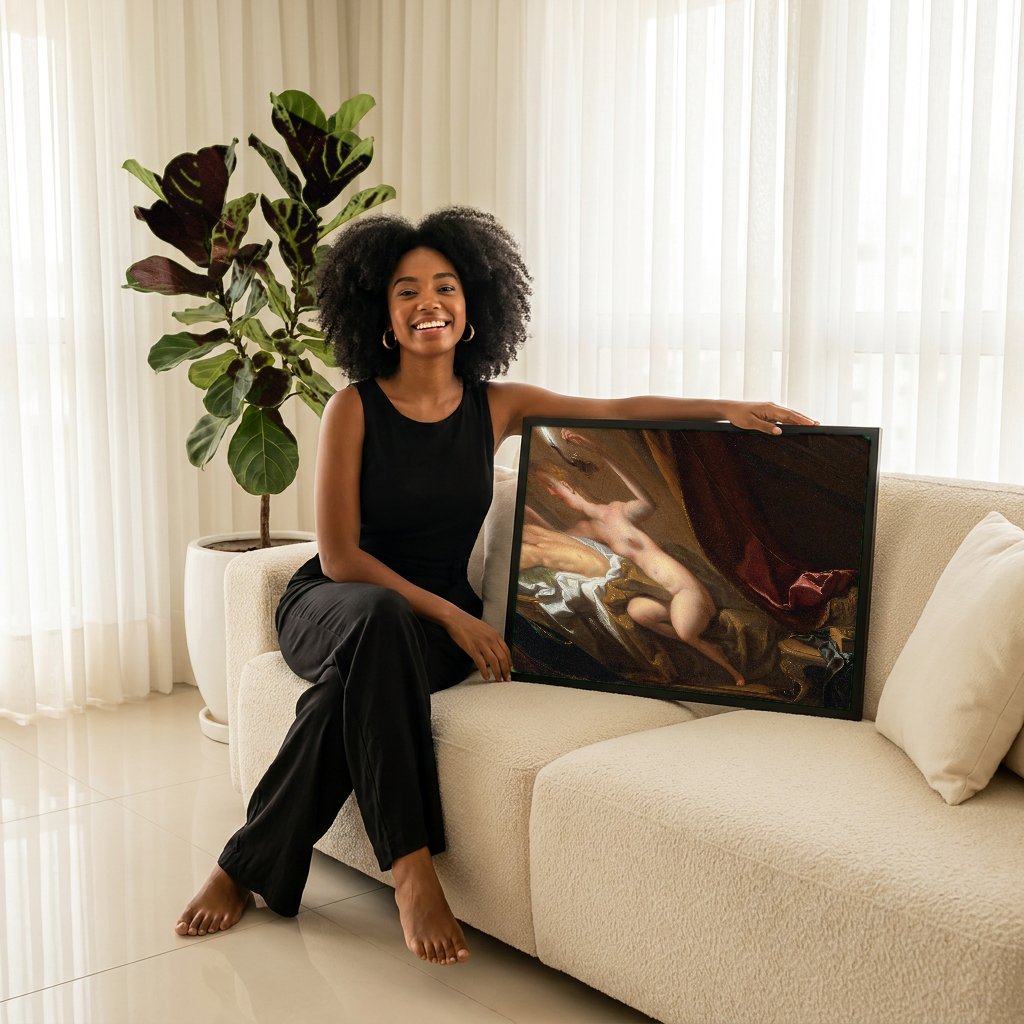 Quadro Decorativo A Descoberta de Calisto - Jean François de Troy com modelo em ambiente