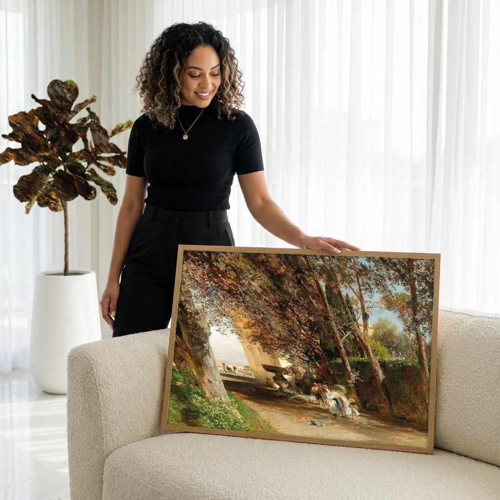 Quadro Decorativo Jardins Sombrios na Itália - Oswald Achenbach com modelo em ambiente