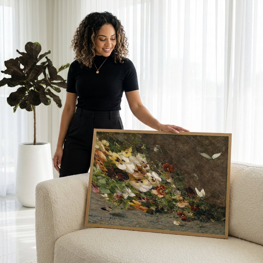 Quadro Decorativo Cesto de Amor-Perfeito - Olga Wisinger-Florian com modelo em ambiente