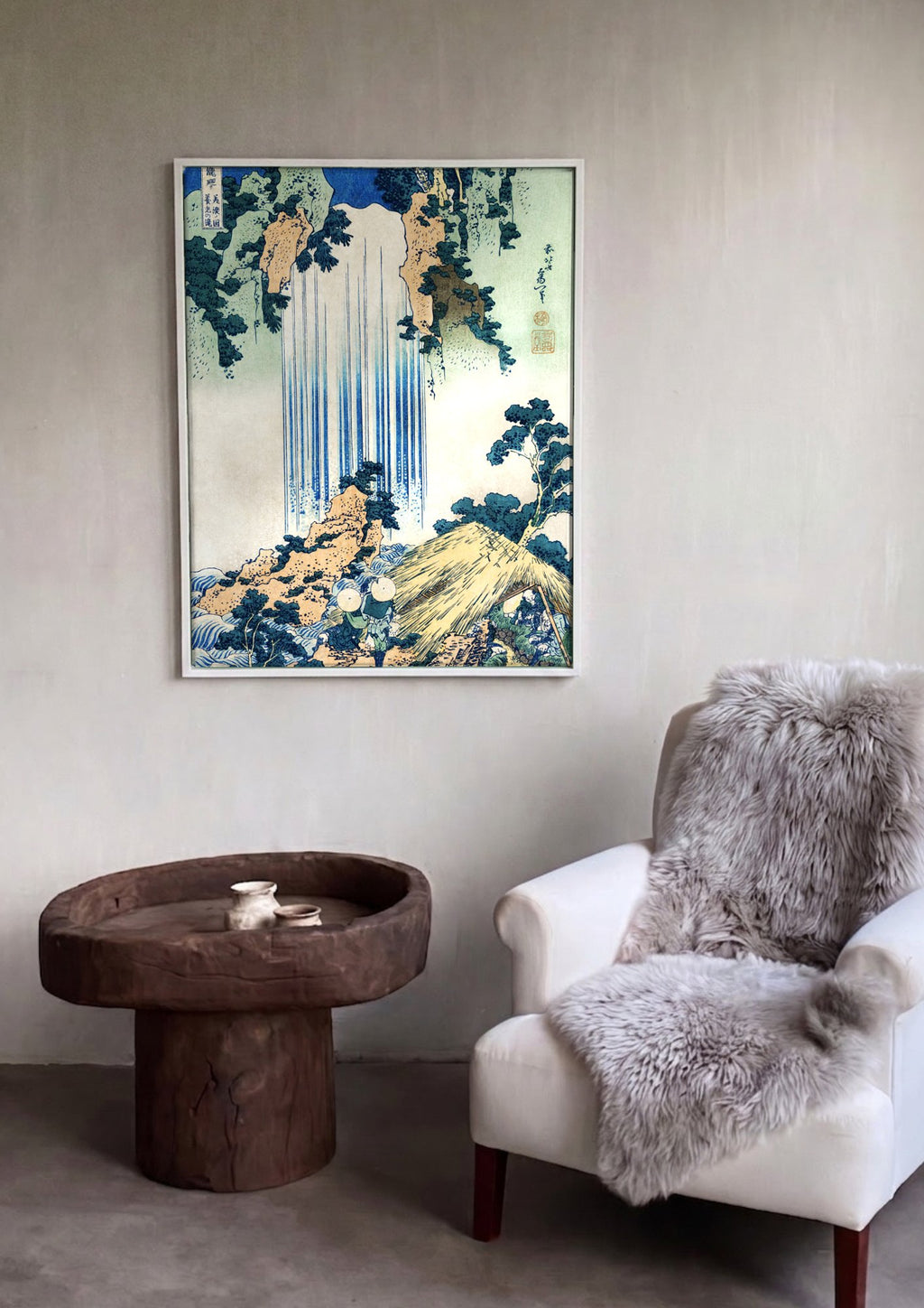 Quadro Decorativo A Cachoeira de Yoshitsune - Hokusai em ambiente decorado