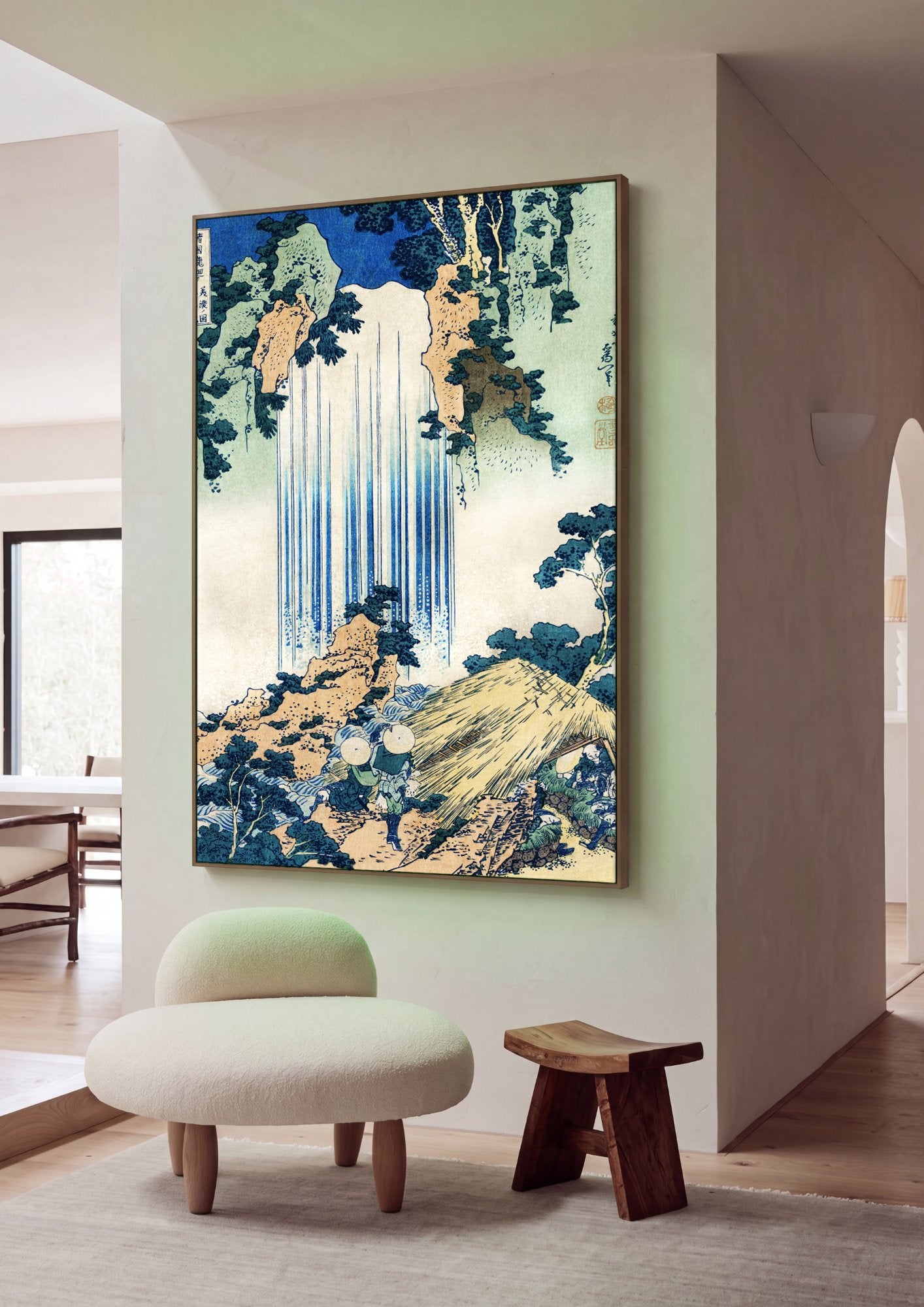 Quadro Decorativo A Cachoeira de Yoshitsune - Hokusai em ambiente decorado