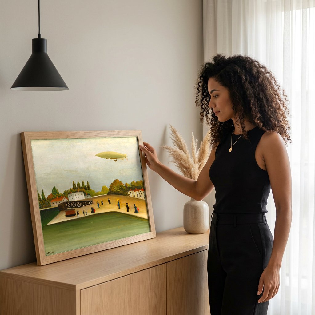 Quadro Decorativo A Passagem do Dirigível - Henri Rousseau com modelo em ambiente