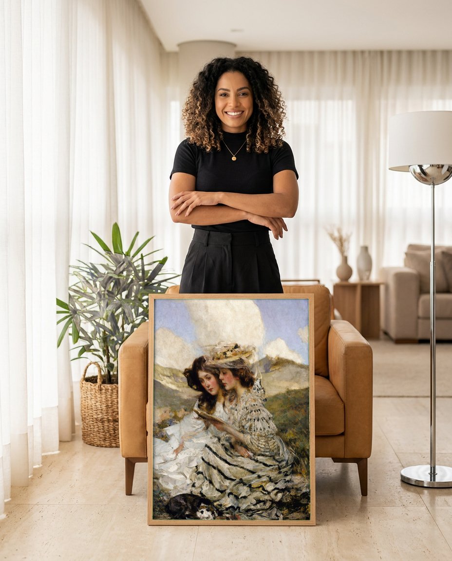Quadro Decorativo Duas Mulheres com Livro - James Jebusa Shannon com modelo em ambiente