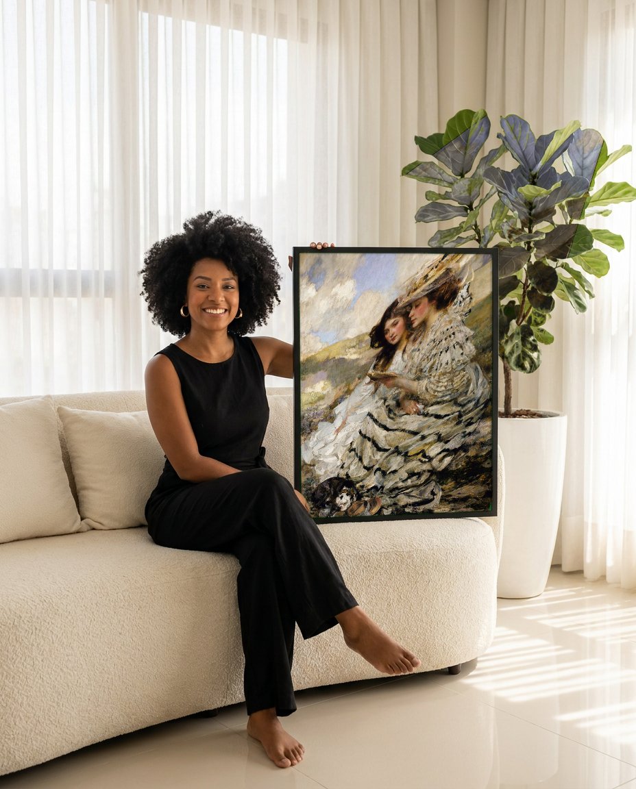 Quadro Decorativo Duas Mulheres com Livro - James Jebusa Shannon com modelo em ambiente