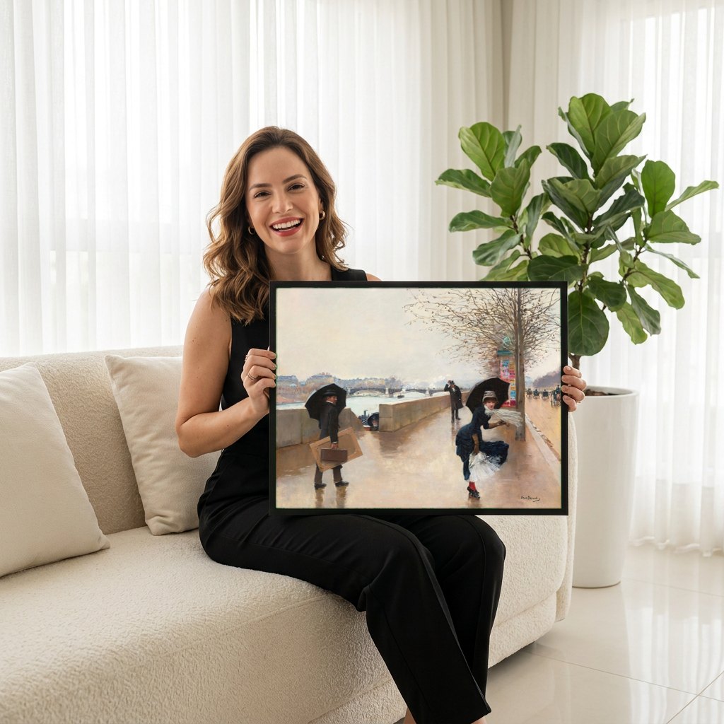 Quadro Decorativo 'Paris em Dia Chuvoso' - Jean Béraud | modelo apresentando o quadro emoldurado
