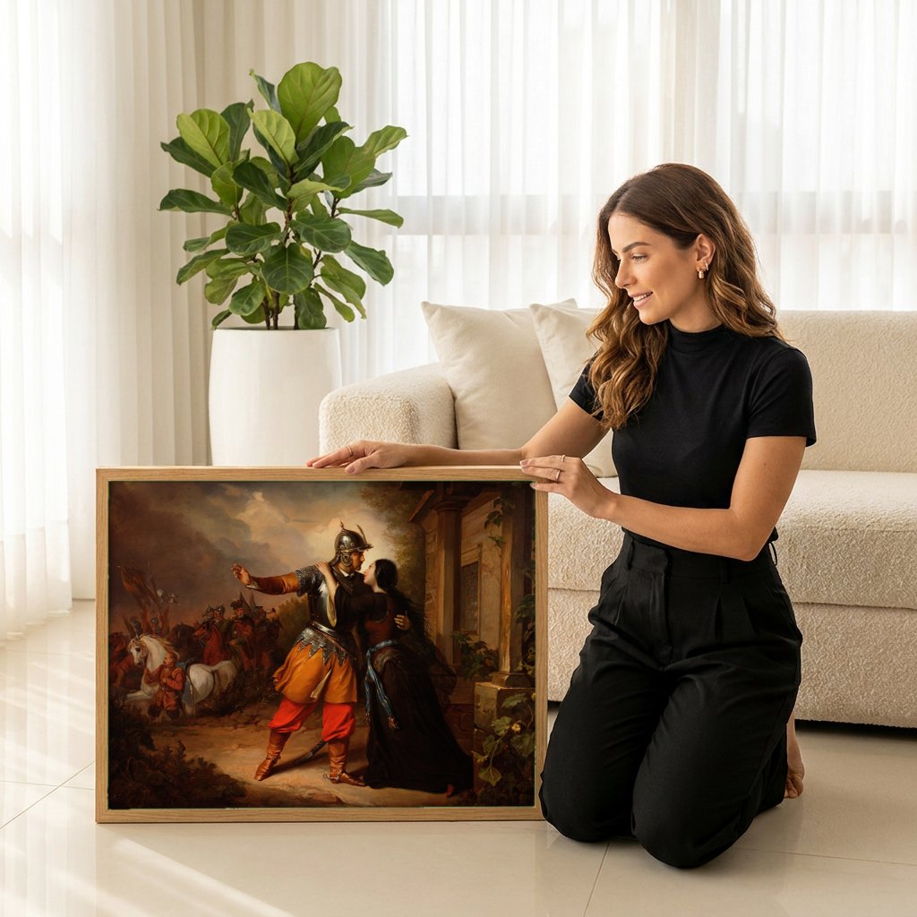 Quadro Decorativo A Partida do Soldado - Józef Simmler | modelo apresentando o quadro emoldurado