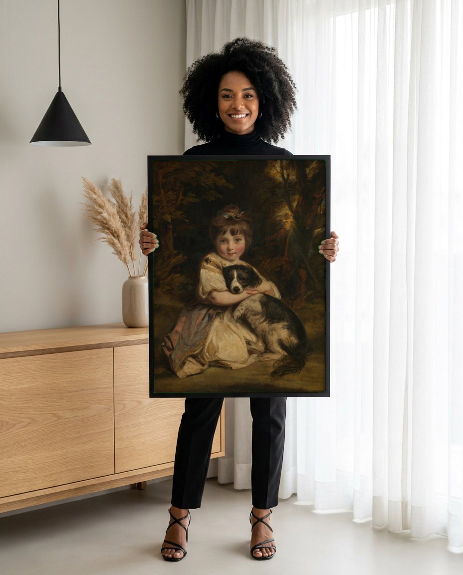 Quadro Decorativo A Menina e o Cão - Sir Joshua Reynolds | modelo apresentando o quadro emoldurado