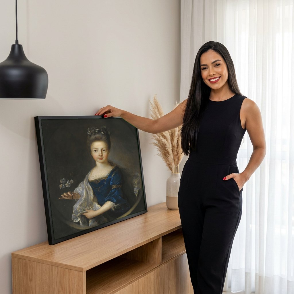 Quadro Decorativo A Jovem Dama de Azul - Jean François de Troy | modelo apresentando o quadro emoldurado