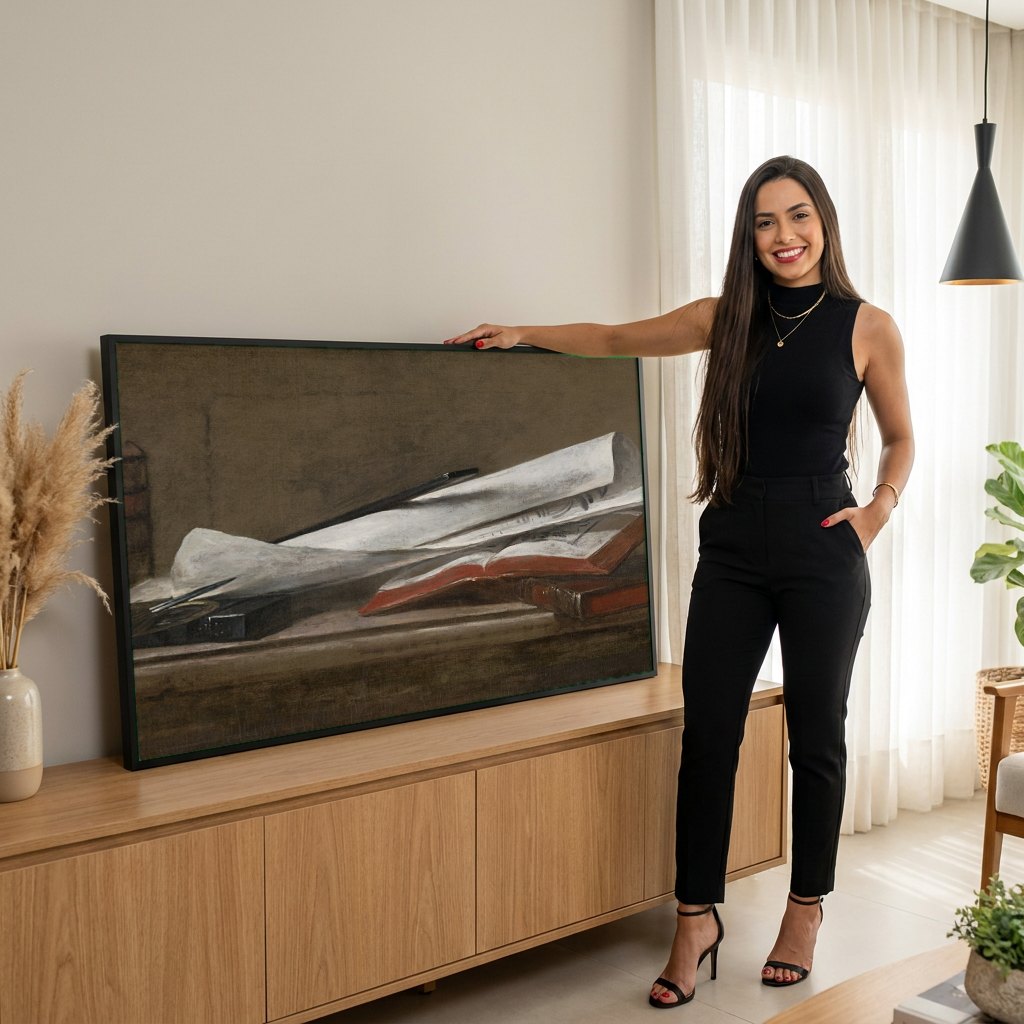 Quadro Decorativo A Mesa do Desenhista - Jean Siméon Chardin | modelo apresentando o quadro emoldurado