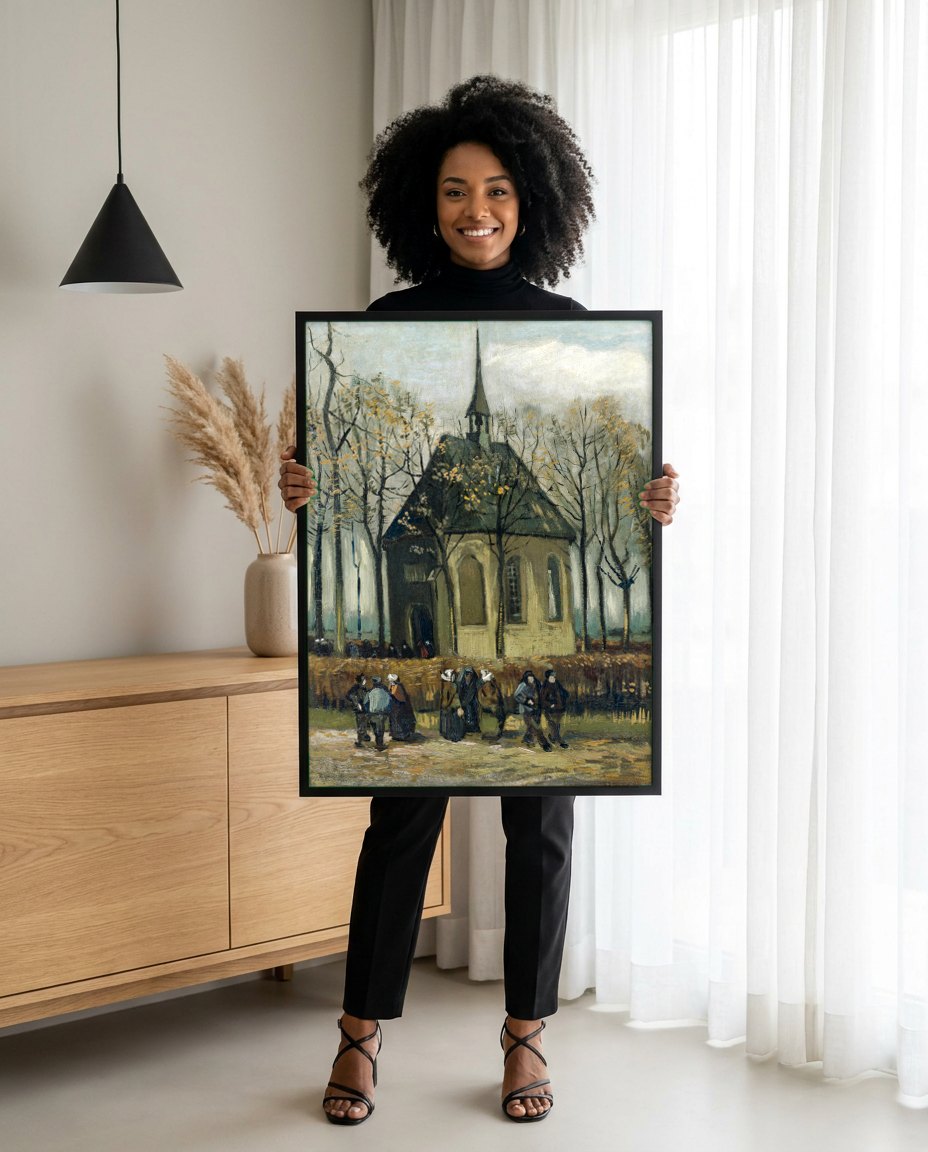 Quadro Decorativo A Velha Torre da Igreja de Nuenen - Van Gogh | modelo apresentando o quadro emoldurado