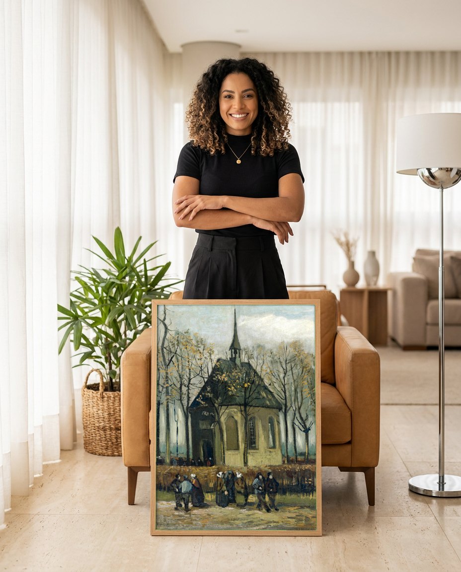 Quadro Decorativo A Velha Torre da Igreja de Nuenen - Van Gogh | modelo apresentando o quadro emoldurado