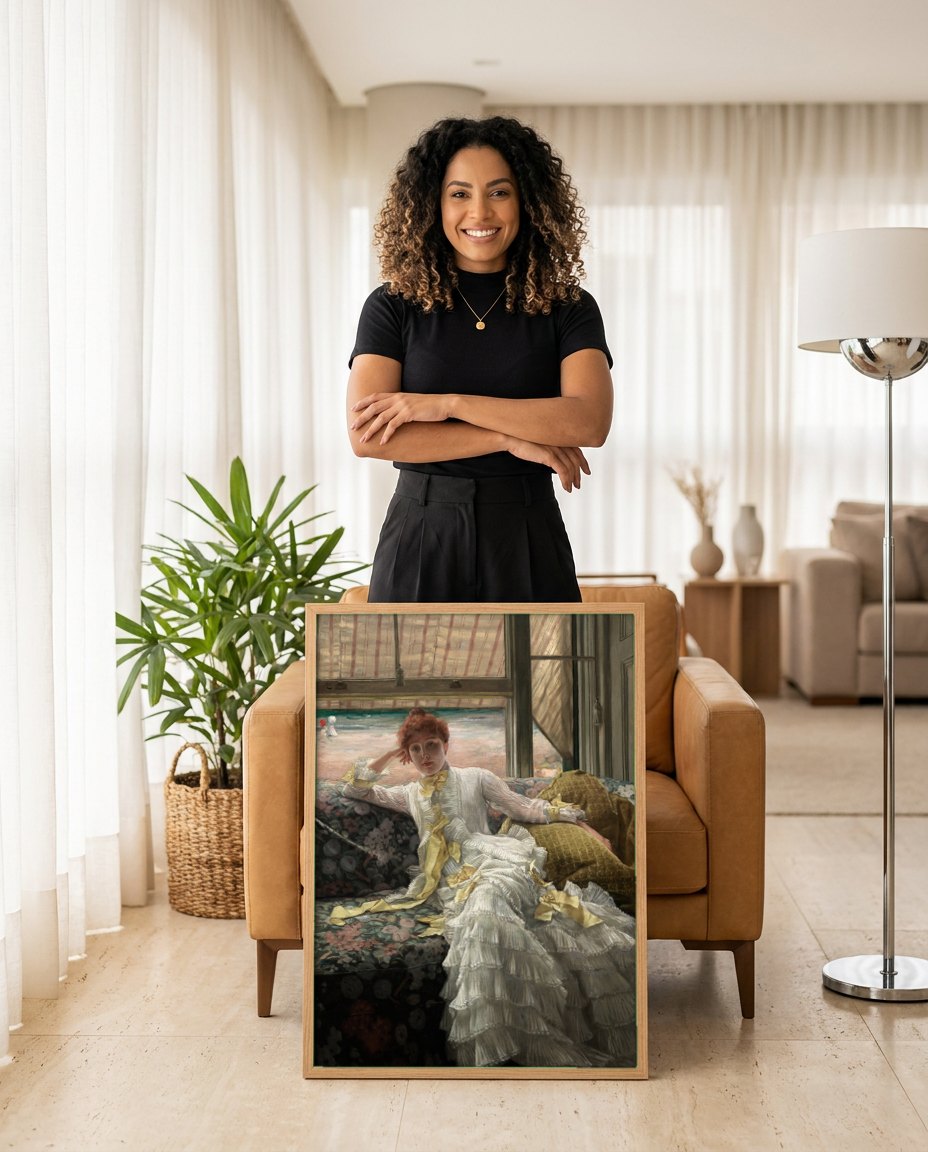 Quadro Decorativo A Senhora na Varanda - James Tissot | modelo apresentando o quadro emoldurado