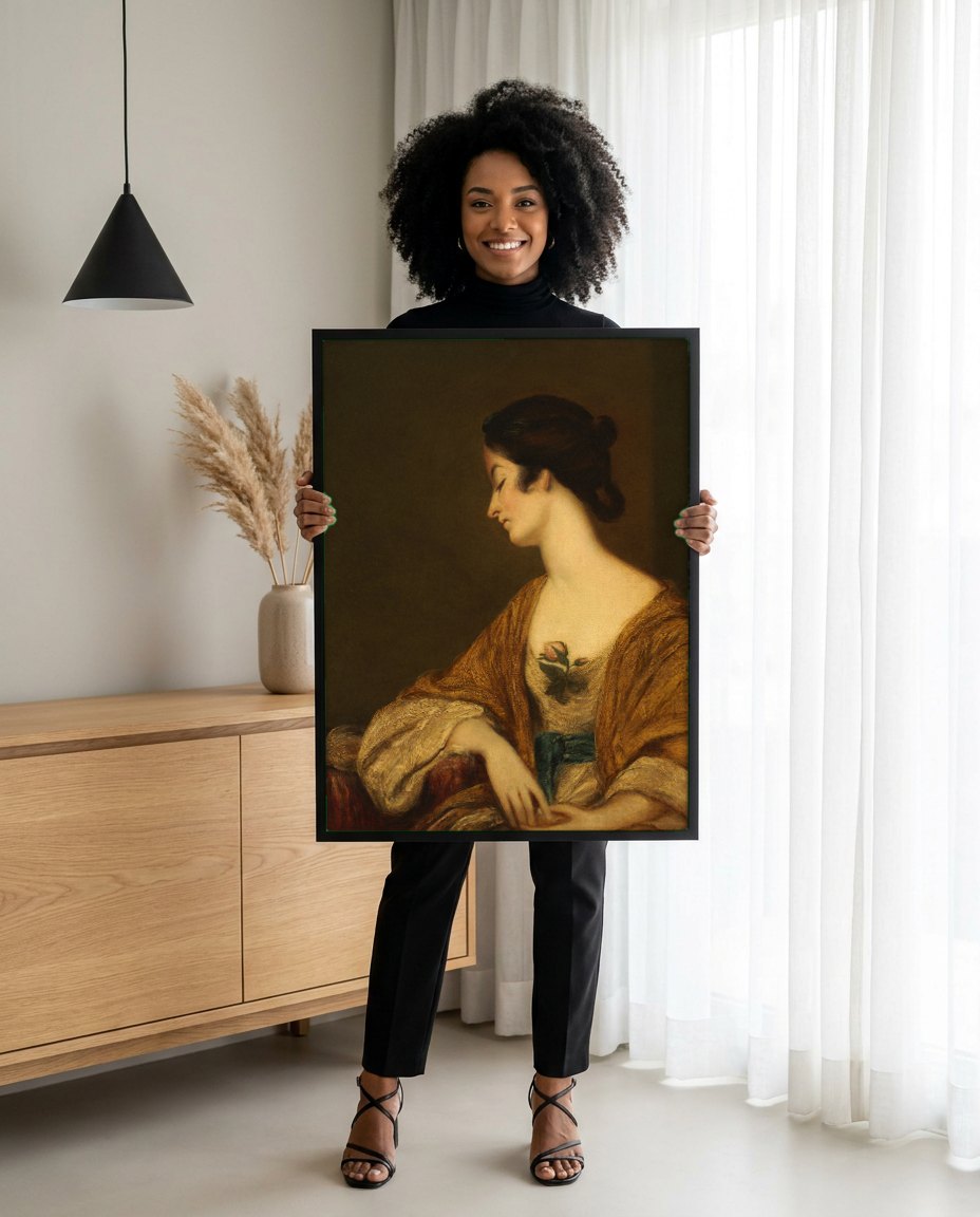 Quadro Decorativo Senhora com Rosa - Sir Joshua Reynolds | modelo apresentando o quadro emoldurado