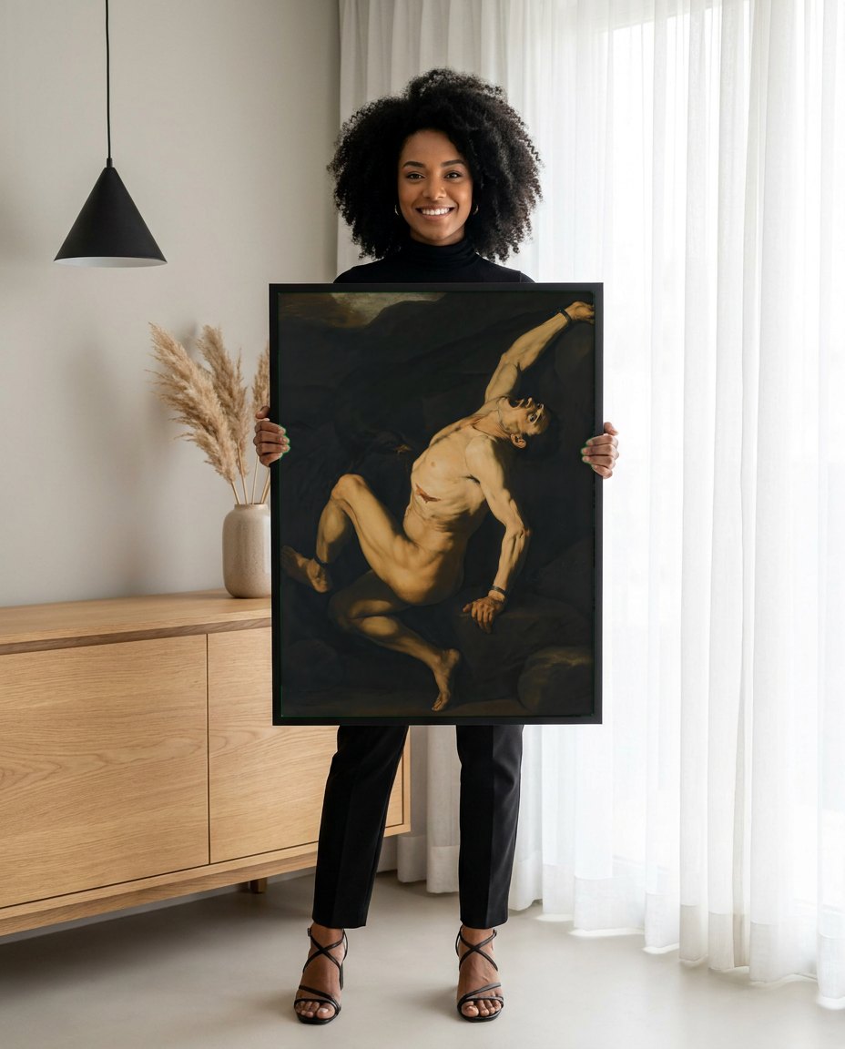 Quadro Decorativo Prometeu Acorrentado - Jusepe de Ribera | modelo apresentando o quadro emoldurado