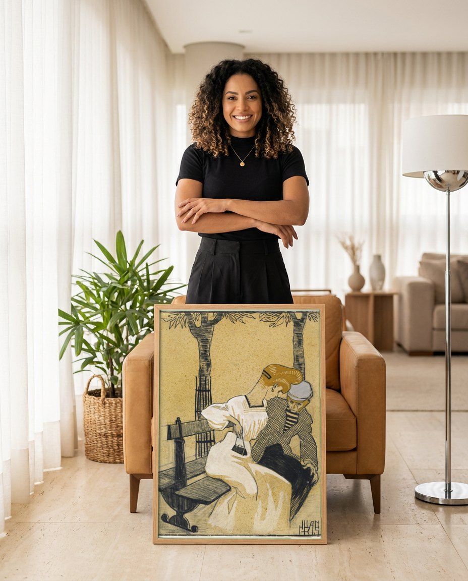 Quadro Decorativo 'La Femme à la brosse' - Juan Gris | modelo apresentando o quadro emoldurado