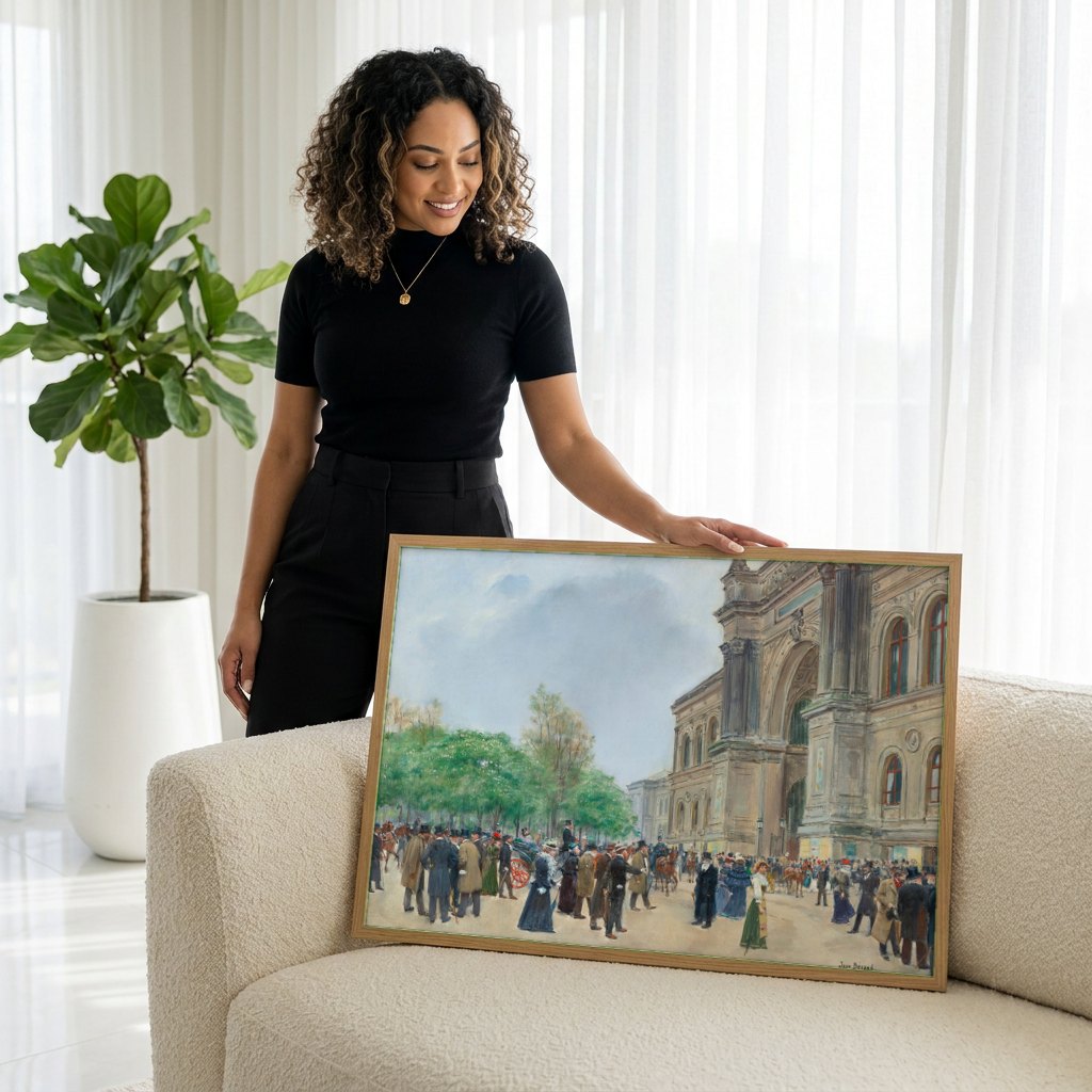 Quadro Decorativo Cena Urbana em Paris - Jean Béraud | modelo apresentando o quadro emoldurado