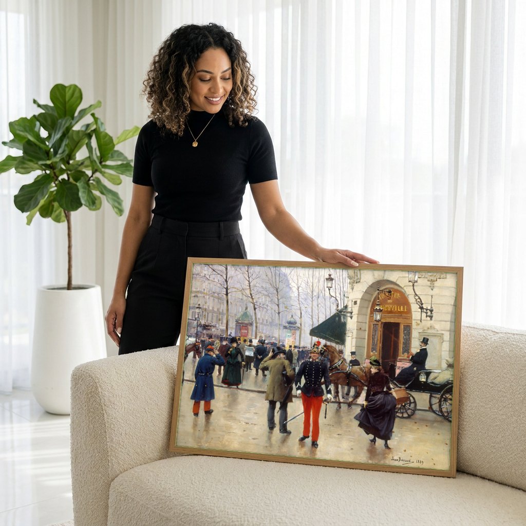 Quadro Decorativo Cena Urbana Francesa - Jean Béraud | modelo apresentando o quadro emoldurado