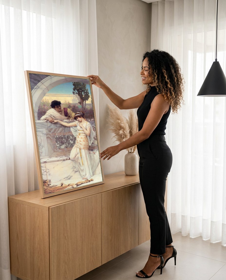 Quadro Decorativo A Declaração de Amor - J.W. Godward | modelo apresentando o quadro emoldurado