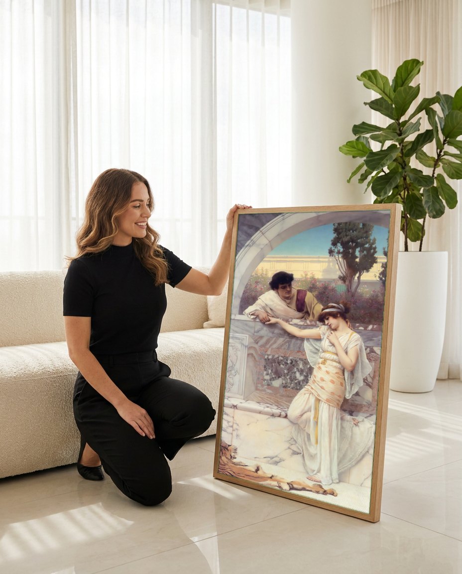 Quadro Decorativo A Declaração de Amor - J.W. Godward | modelo apresentando o quadro emoldurado