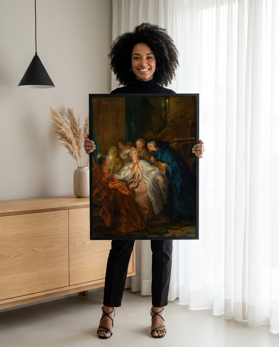 Quadro Decorativo A Leitura de Molière - Jean François de Troy | modelo apresentando o quadro emoldurado