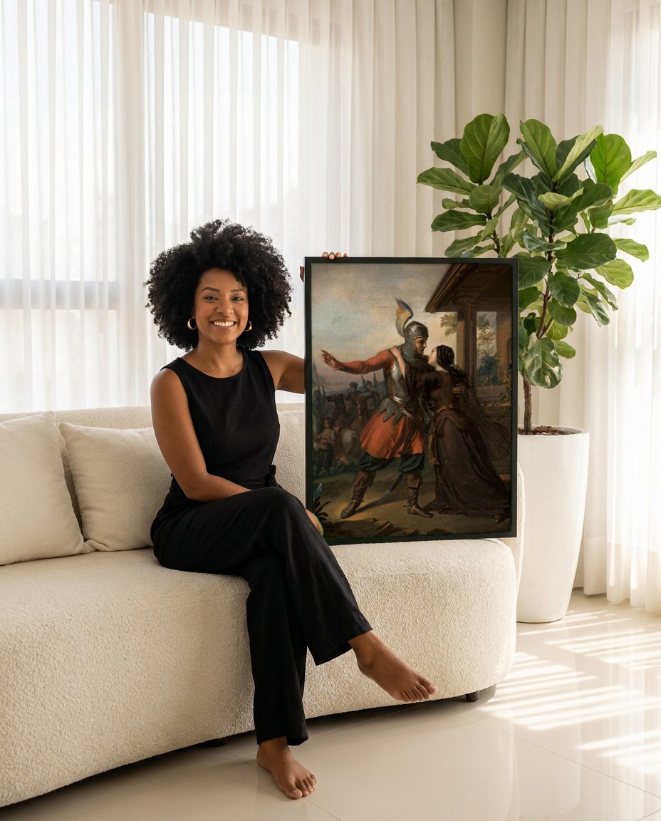 Quadro Decorativo O Cavaleiro e a Dama - Józef Simmler | modelo apresentando o quadro emoldurado