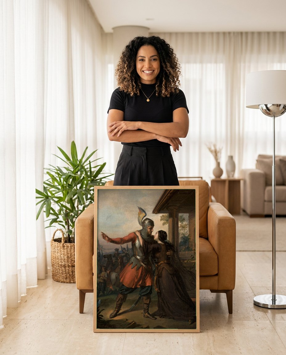 Quadro Decorativo O Cavaleiro e a Dama - Józef Simmler | modelo apresentando o quadro emoldurado