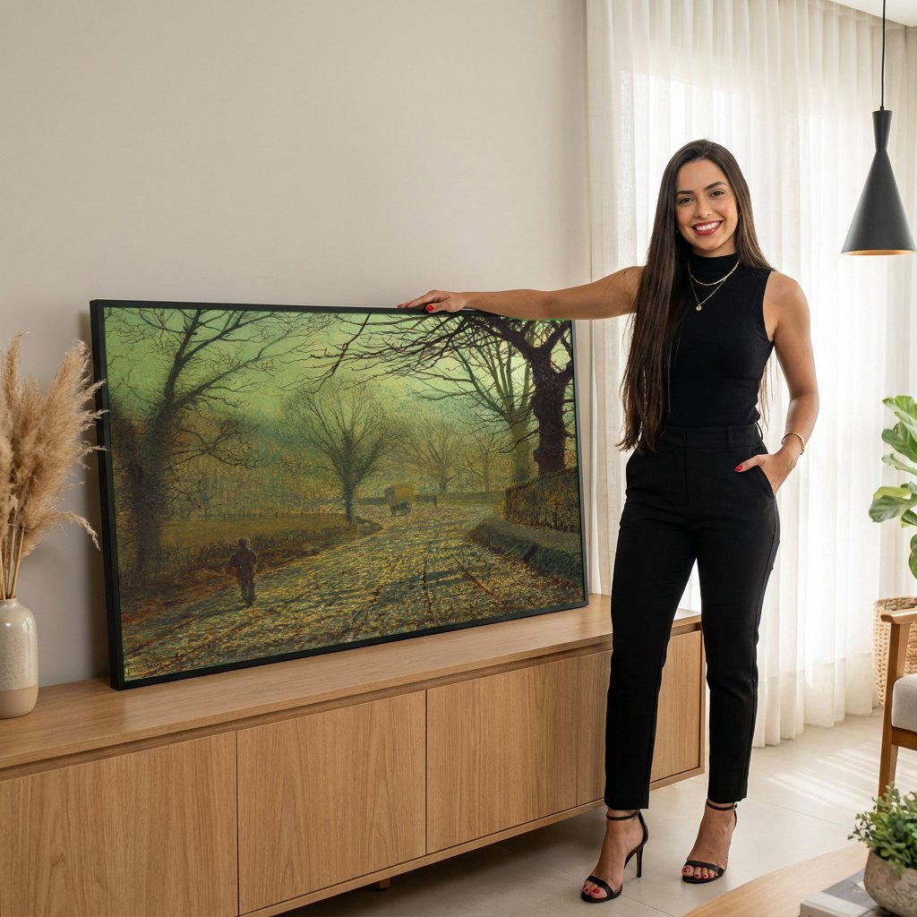 Quadro Decorativo A Estrada de Inverno - J. A. Grimshaw | modelo apresentando o quadro emoldurado