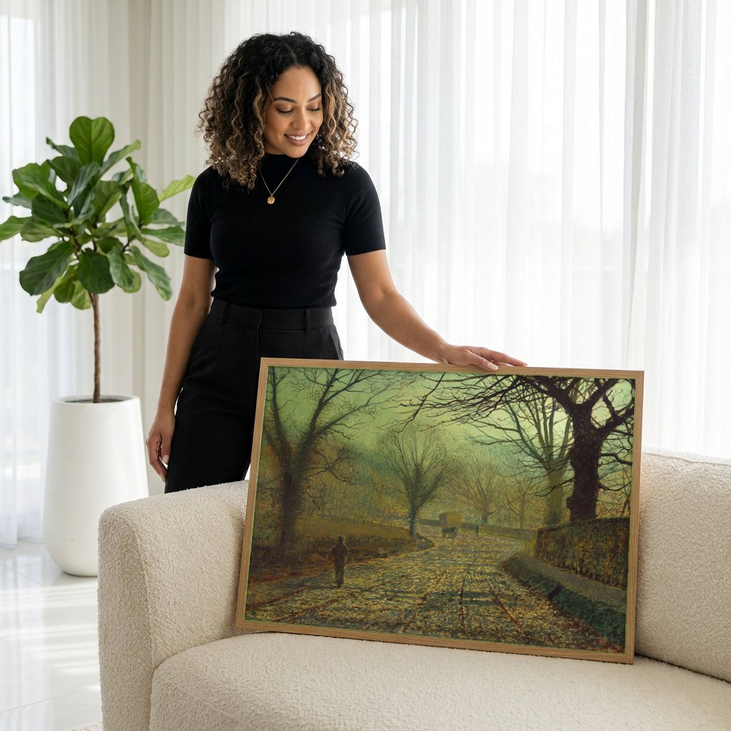 Quadro Decorativo A Estrada de Inverno - J. A. Grimshaw | modelo apresentando o quadro emoldurado