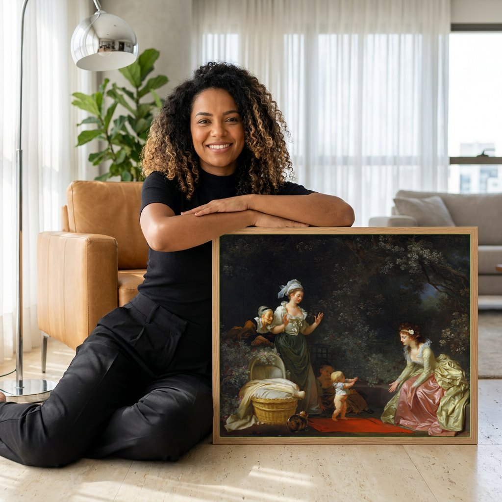 Quadro Decorativo A Primeira Caminhada - Jean Honoré Fragonard | modelo apresentando o quadro emoldurado