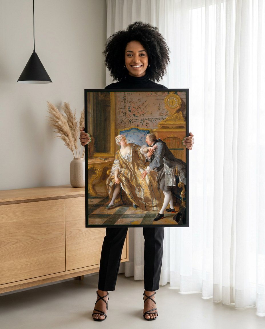 Quadro Decorativo A Leitura de Molière - Jean François de Troy | modelo apresentando o quadro emoldurado