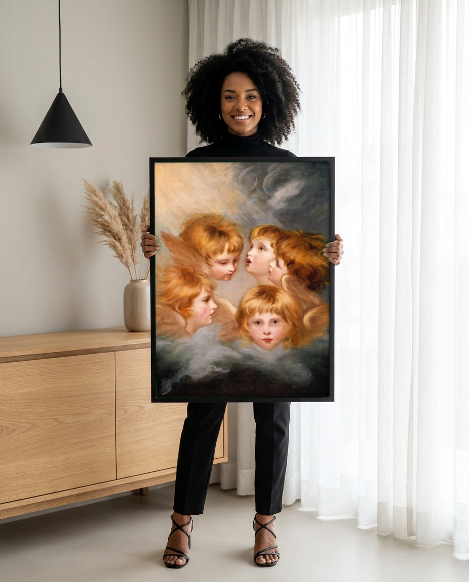 Quadro Decorativo Os Anjos (Cherubs) - Sir Joshua Reynolds | modelo apresentando o quadro emoldurado