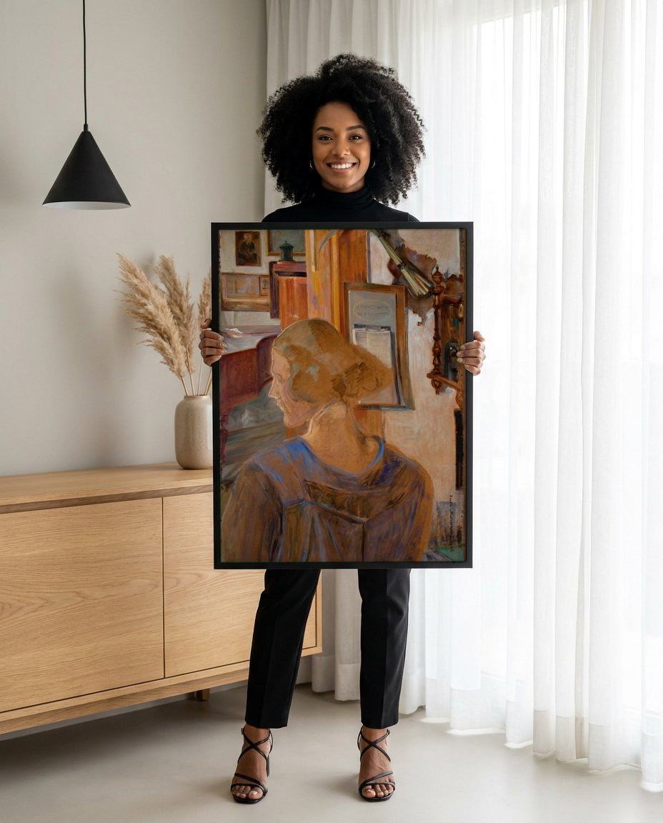 Quadro Decorativo A Mulher no Estúdio - Jacek Malczewski com modelo em ambiente