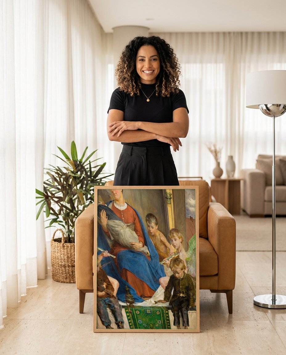 Quadro Decorativo A Virgem e os Anjos - Jacek Malczewski com modelo em ambiente