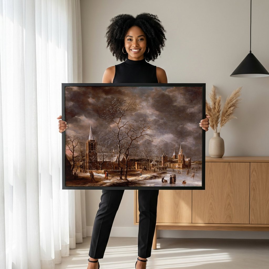 Quadro Decorativo Paisagem de Inverno - Jan Abrahamsz Beerstraaten com modelo em ambiente