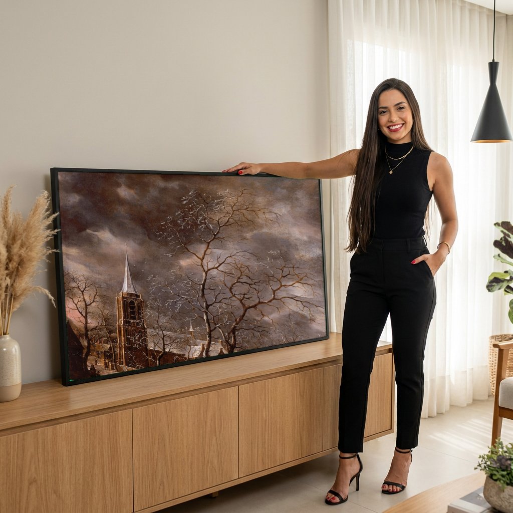 Quadro Decorativo Paisagem de Inverno - Jan Abrahamsz Beerstraaten com modelo em ambiente