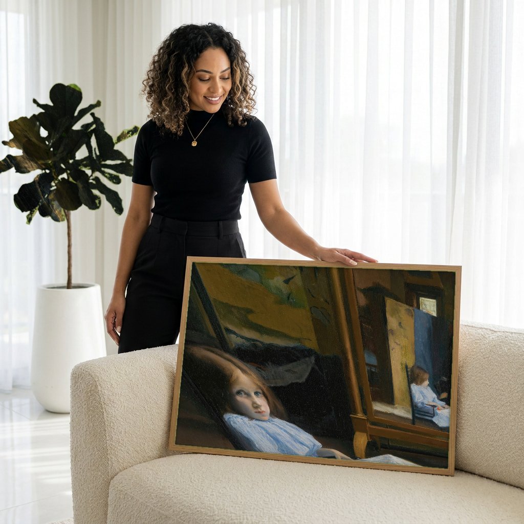 Quadro Decorativo A Menina no Espelho - Jacques Émile Blanche com modelo em ambiente