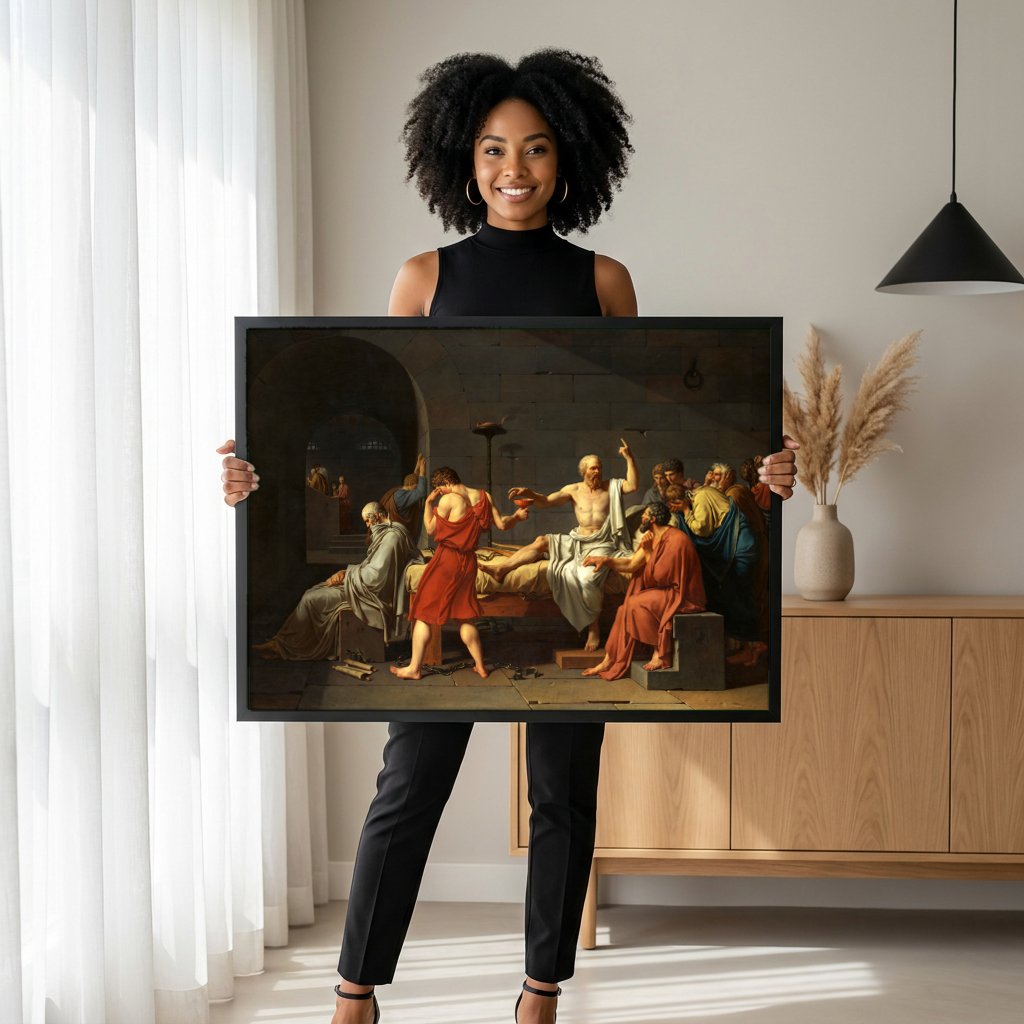Quadro Decorativo A Morte de Sócrates - Jacques-Louis David com modelo em ambiente